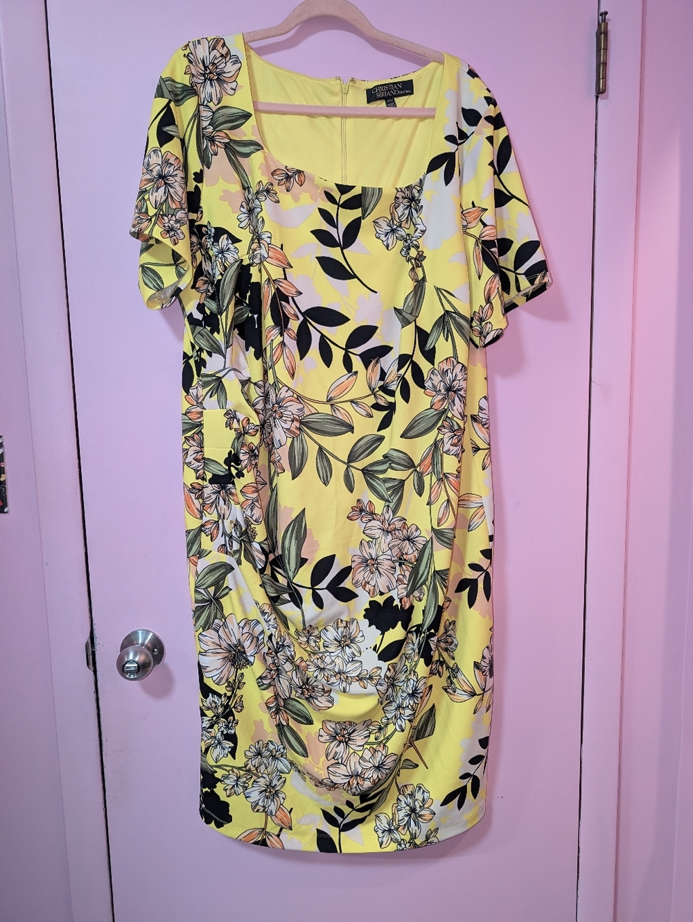 Christian Siriano Floral Draped Yellow Dress